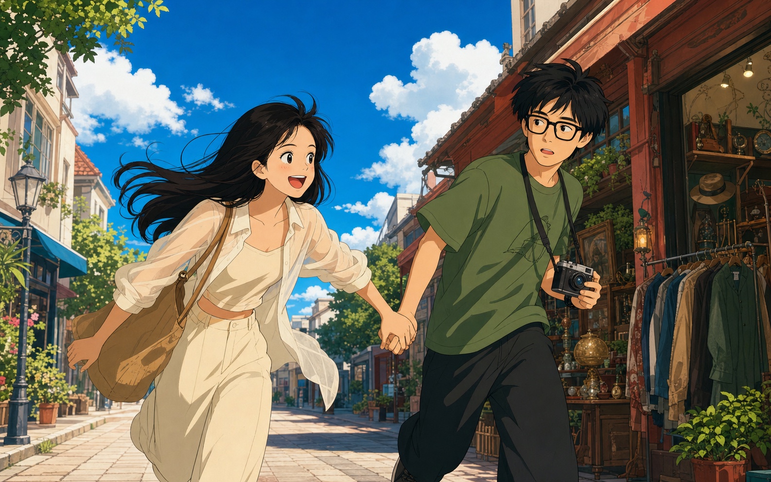 Jaylene and Yohance running through a sunny shopping street